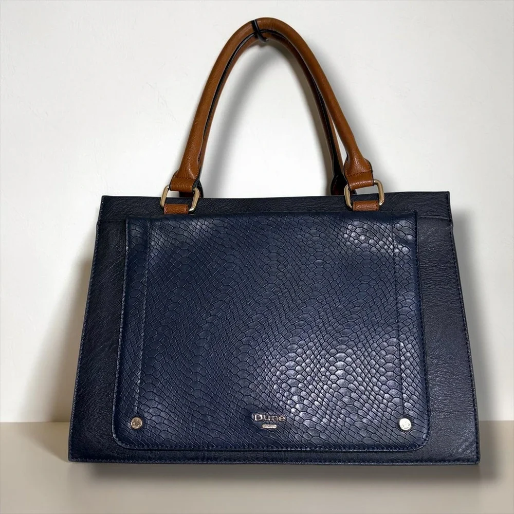 Dune London Navy Blue Snakeskin Embossed Satchel Bag Tan Handles Gold Hardware